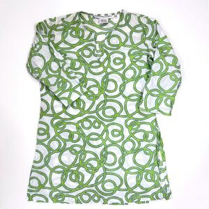 Gretchen Scott Small Cotton Tunic Top Blouse Lime Green Blue Rope Split Neck